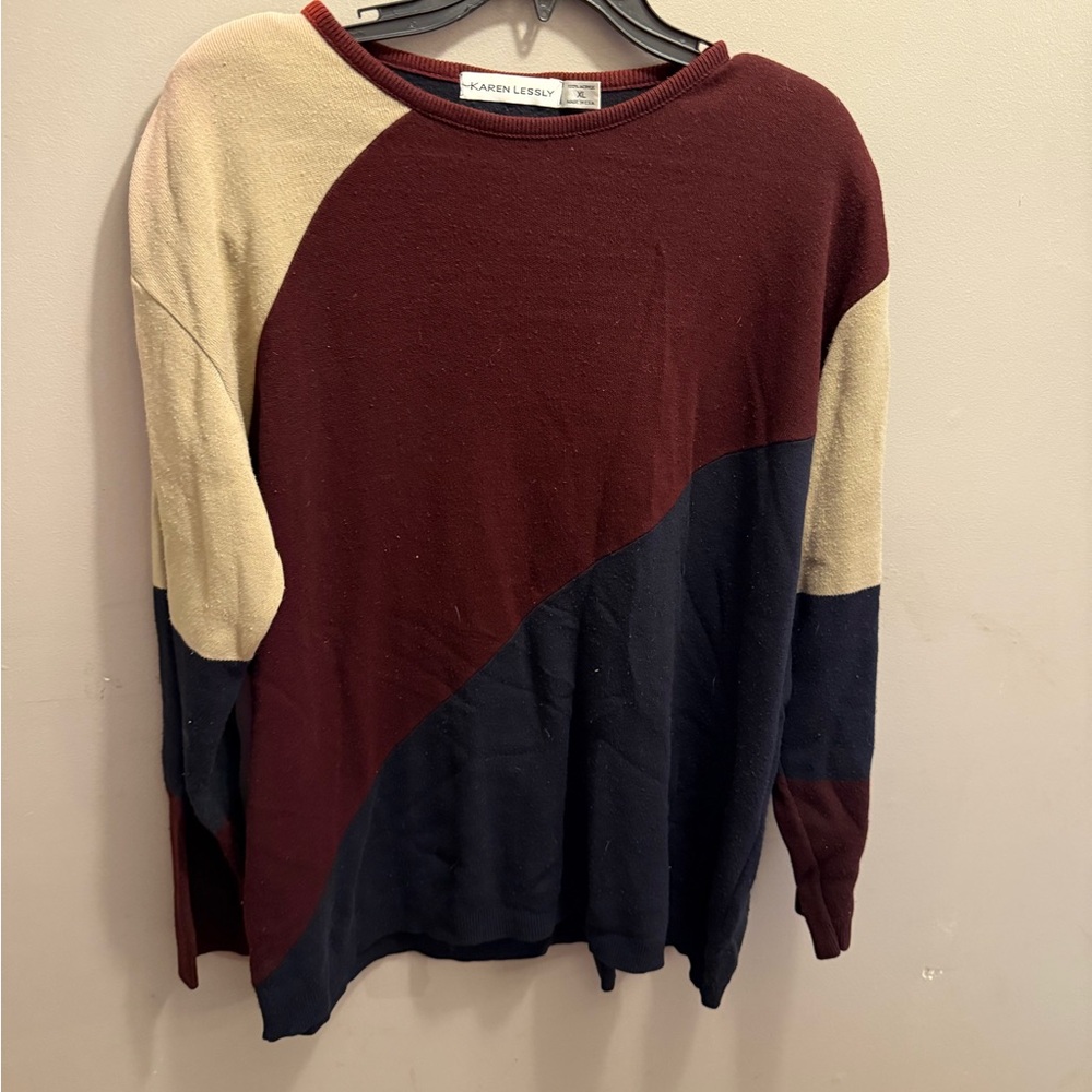 Colorblock Crew Neck Sweater - Burgundy, Cream, and Navy